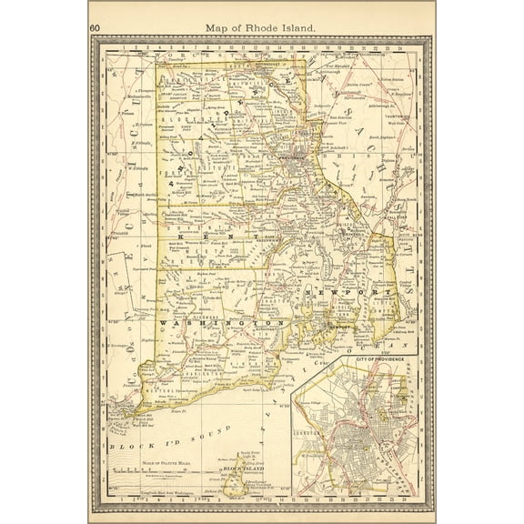 24"x36" Gallery Poster, map of rhode island 1881