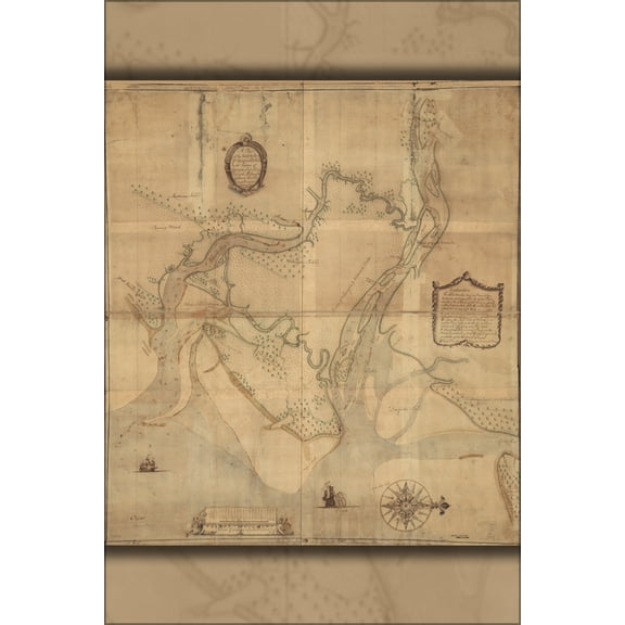 24"x36" Gallery Poster, map of rivers of Savannah & Warsaw Georgia 1751
