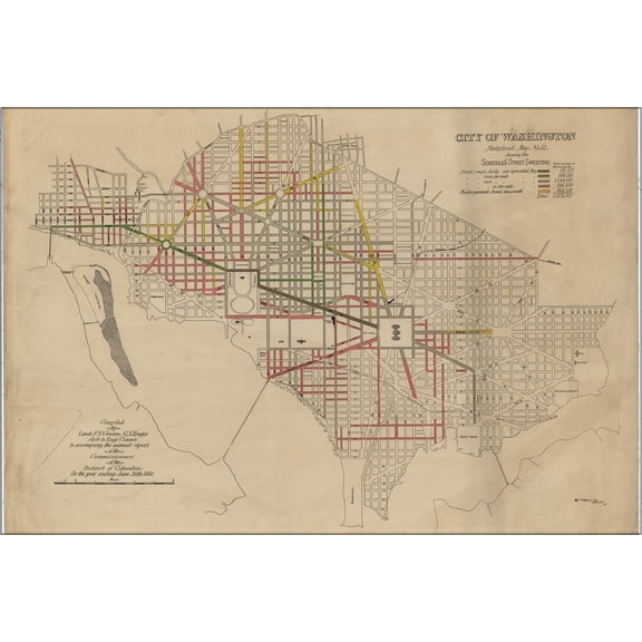 24"x36" Gallery Poster, map of street sweeping in washington d.c. 1880