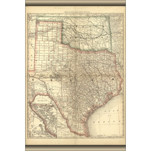 24"x36" Gallery Poster, map of texas & indian territory oklahoma 1881