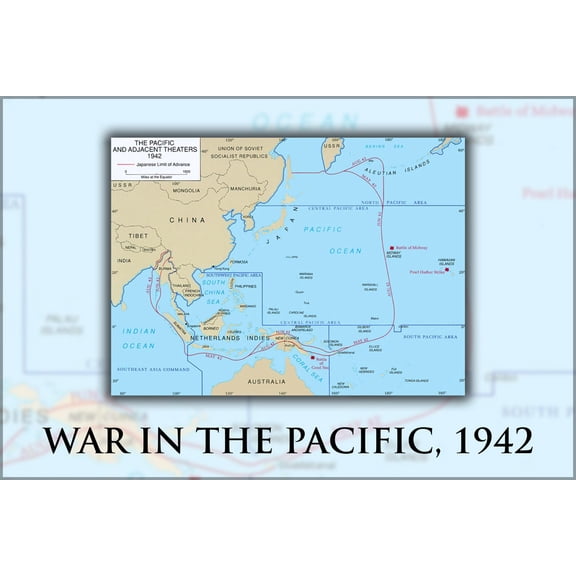 24"x36" Gallery Poster, map of the Pacific Theater of Operations showing its component areas and its relationship to South East Asia Comma