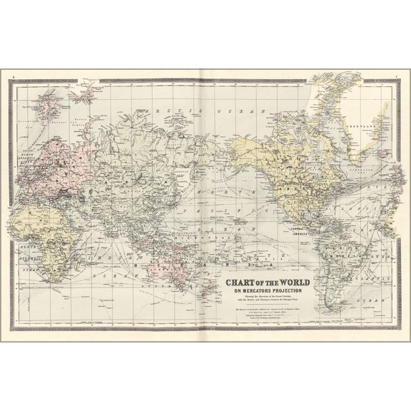 24"x36" Gallery Poster, map of the World on Mercator Projection 1893