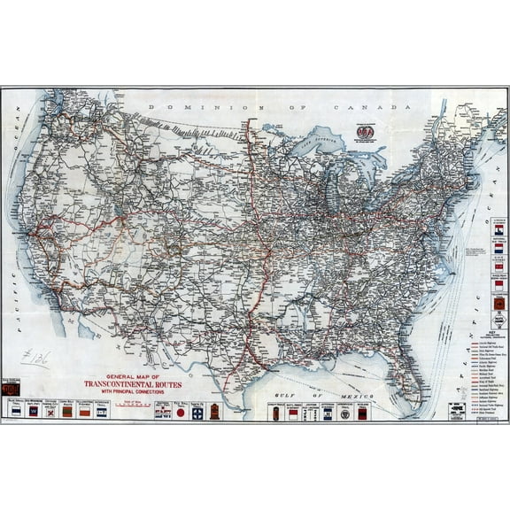 24"x36" Gallery Poster, map of united states highways & roads 1918