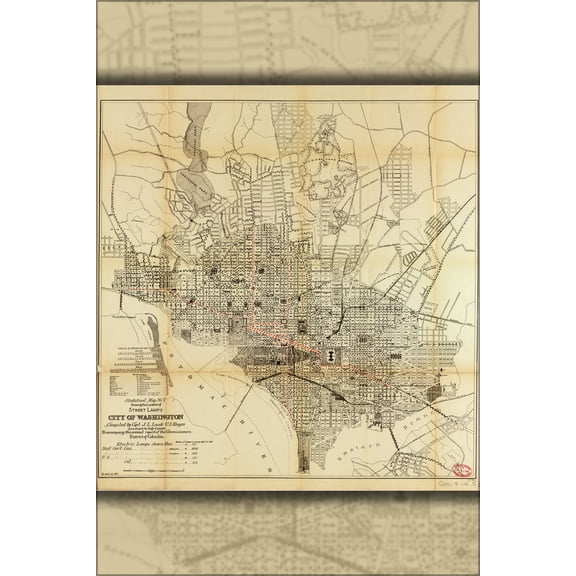 24"x36" Gallery Poster, map of washington d.c. street lamps 1892