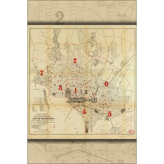 24"x36" Gallery Poster, map washington d.c. police & fire dept. 1892