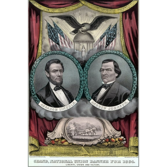 24"x36" Gallery Poster, president abraham lincoln reelection 1864 election andrew johnson Republican presidential ticket 1864