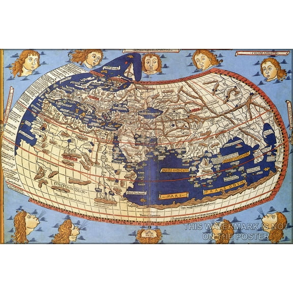24"x36" Gallery Poster, ptolemaic world map 15th century depicting Ptolemy's description of the Ecumene, (1482
