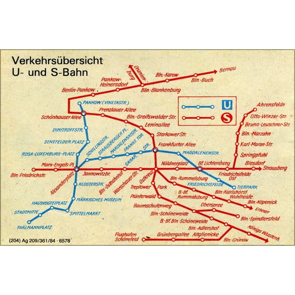 24"x36" Gallery Poster, public transport map, subway and S-Bahn in East Berlin 1984