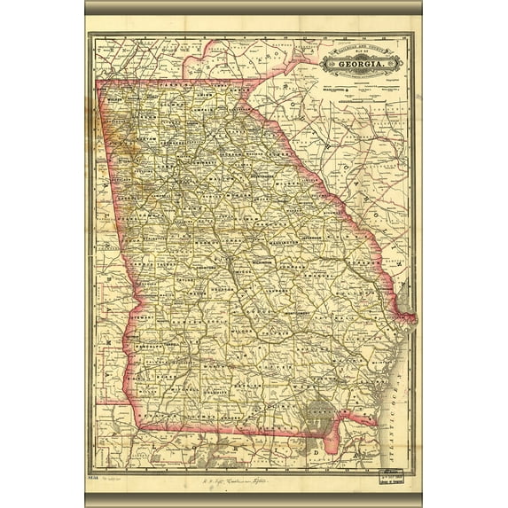 24"x36" Gallery Poster, railroad and county map of Georgia 1883