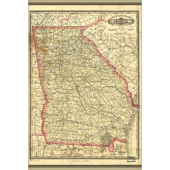24"x36" Gallery Poster, railroad and county map of Georgia 1883