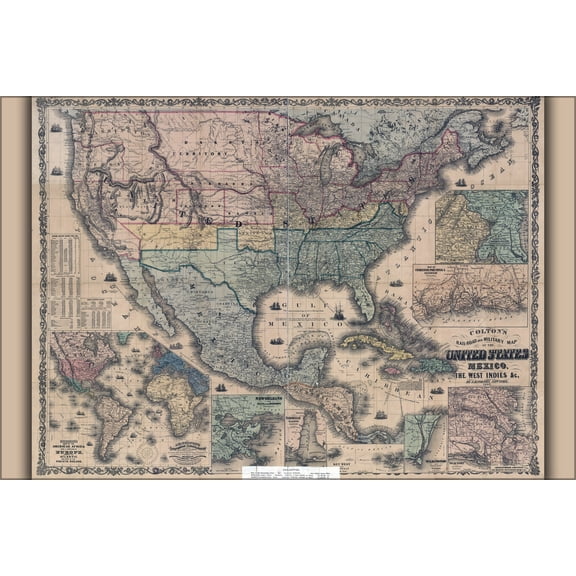 24"x36" Gallery Poster, railroad and military map of United States Mexico & West Indies 1862
