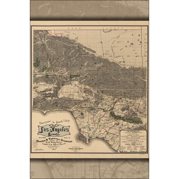 24"x36" Gallery Poster, road map of Los Angeles County 1900