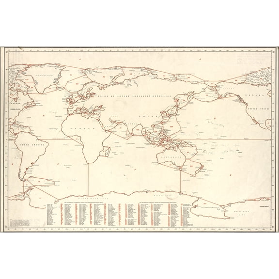 24"x36" Gallery Poster, world map Chart of limits of seas and oceans 1953