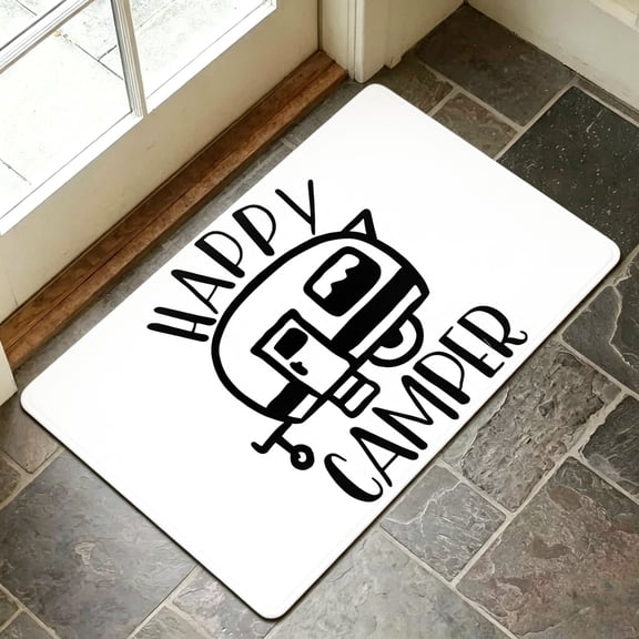 24"x36" Happy Camper Cartoon Trailer Bath Mat, Soft Plush Flannel Non Slip Washable RV Entryway Doormat, Minimalist Camping Decor Floor Rug