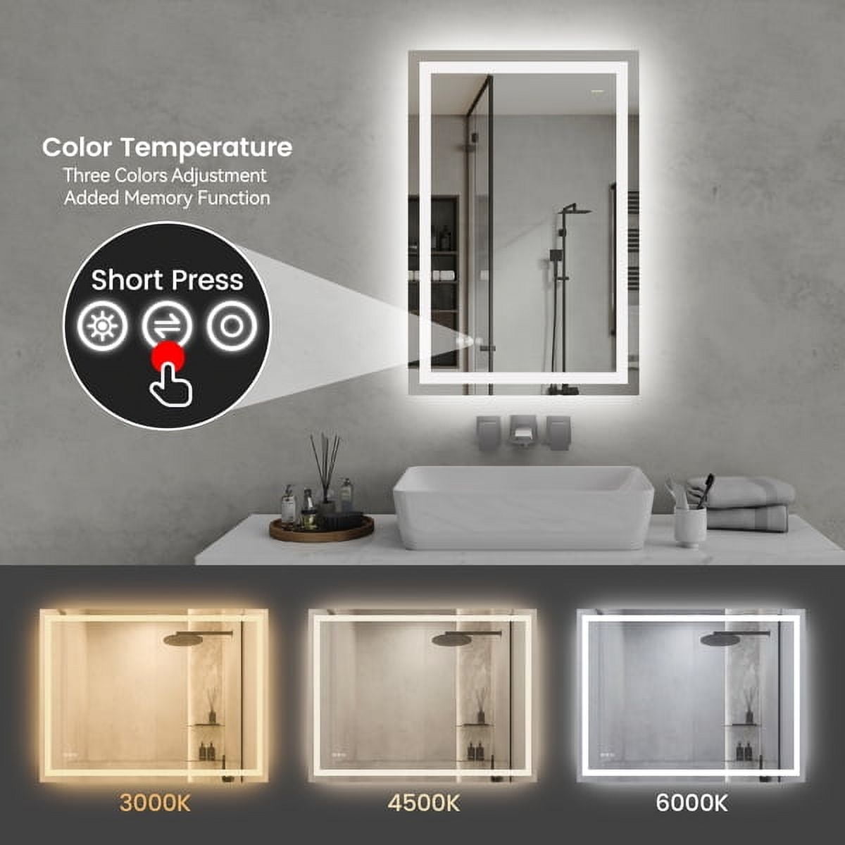 24"x36" LED Bathroom Mirror - Front/Back Lit Vanity Mirror with 3 Color Temp, Anti-Fog & Dimmable Memory Function for Modern Bathrooms