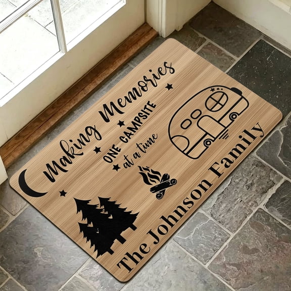 24"x36" Making Memories One Campsite Custom Family Bath Mat, Soft Plush Flannel Non Slip Washable RV Doormat, Wood Grain Pine Tree Campfire Moon Decor Floor Rug