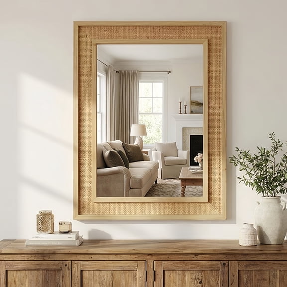 24"x36" Rattan Rectangle Mirror, Solid Wood Frame Farmhouse Decor