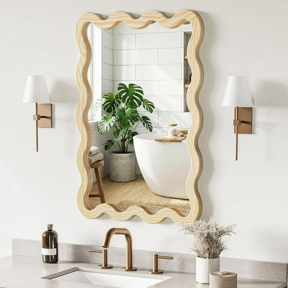 24"x36" Wood Bathroom Mirror & Wavy Wall Mirror, Large Solid Wood Asymmetrical Mirror for Vanity, Natural Wooden Frame Squiggle Mirror, Japandi Boho Aesthetic Decor