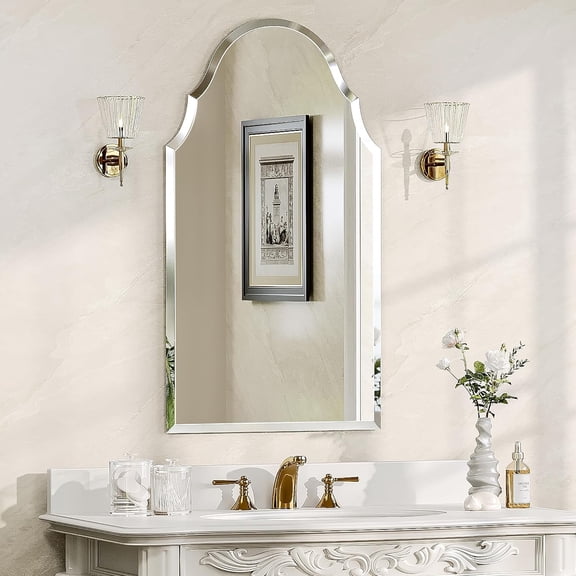 24"x40" Large Arched Bathroom Mirror, Scalloped Top Beveled Wall Mirror for Mantle & Vanity, Vintage Frameless Mirror with Solid Backing for Living Room Decor