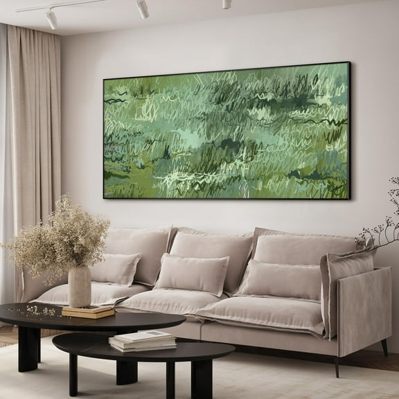 24"x46" XL Framed Wall Art - Abstract Green Grassland Brushstroke Pattern (Frame Assembly Required)
