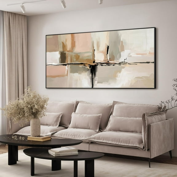 24"x46" XL Framed Wall Art - Abstract Subtle Beige and Black Brush Strokes (Frame Assembly Required)