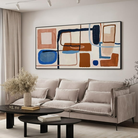 24"x46" XL Framed Wall Art - Geometric Shapes Blue, Beige, and Brown (Frame Assembly Required)