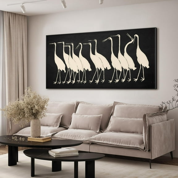 24"x46" XL Framed Wall Art - Modern Minimalist Beige Cranes (Frame Assembly Required)