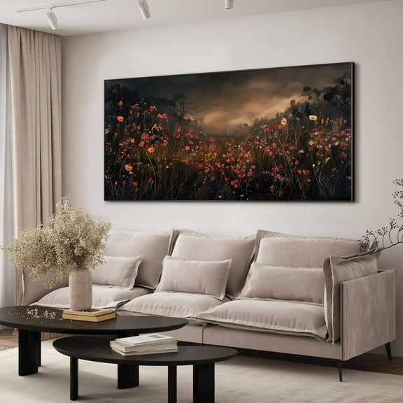 24"x46" XL Framed Wall Art - Moody Wildflower Meadow in Dark Tones (Frame Assembly Required)