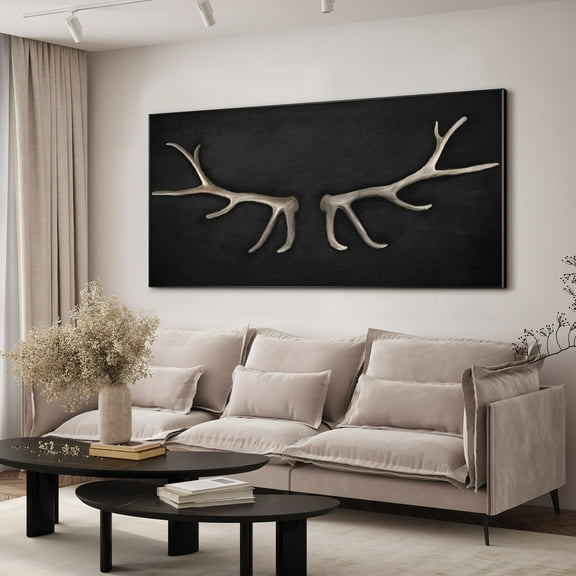24"x46" XL Framed Wall Art - Realistic Antlers on Dark Background (Frame Assembly Required)