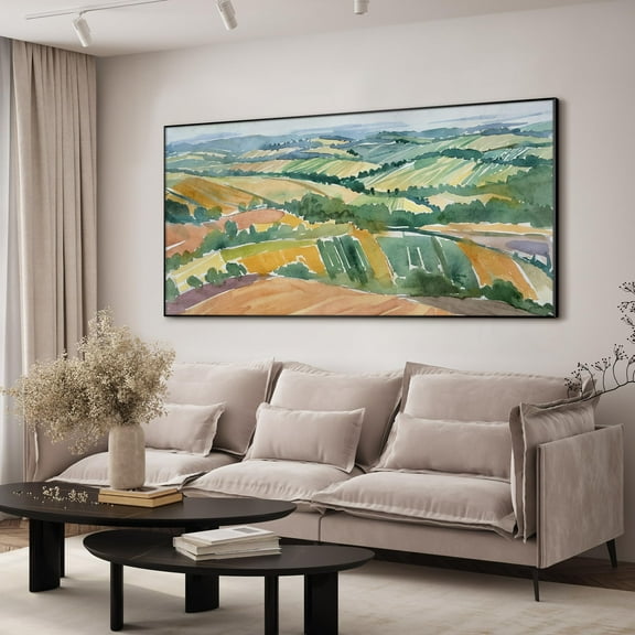 24"x46" XL Framed Wall Art - Watercolor Hills Landscape Rolling Fields (Frame Assembly Required)