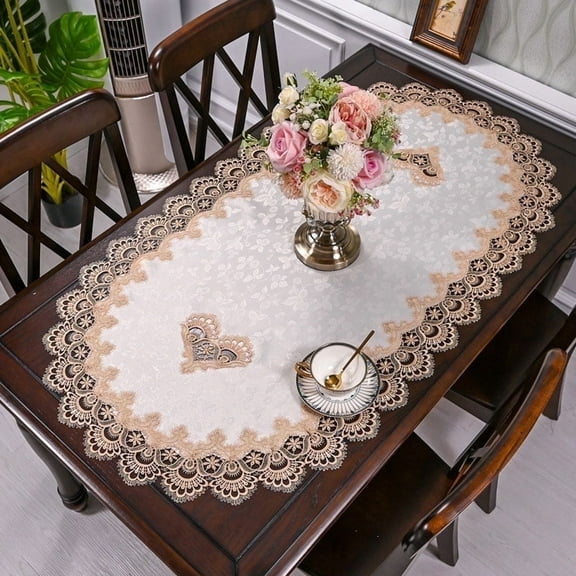 24"x47" Oval Lace Table Runner - Elegant Embroidery in Gold & Onyx Gray, Luxury Dining & Coffee Table Cover, Machine Washable Farmhouse Decor Tablecloth