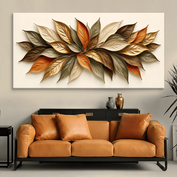 24''x48'' Autumn Harmony Petals Canvas Wall Art, Abstract Leaf Painting in Warm Autumn Tones, Modern Botanical Decor for Living Room