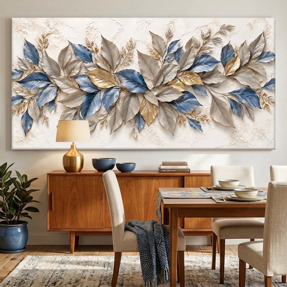 24''x48'' Blue & Gold Botanical Leaves Canvas Wall Art, Botanical Leaf Painting in Blue and Gold Tones, Modern Botanical Decor for Living Room