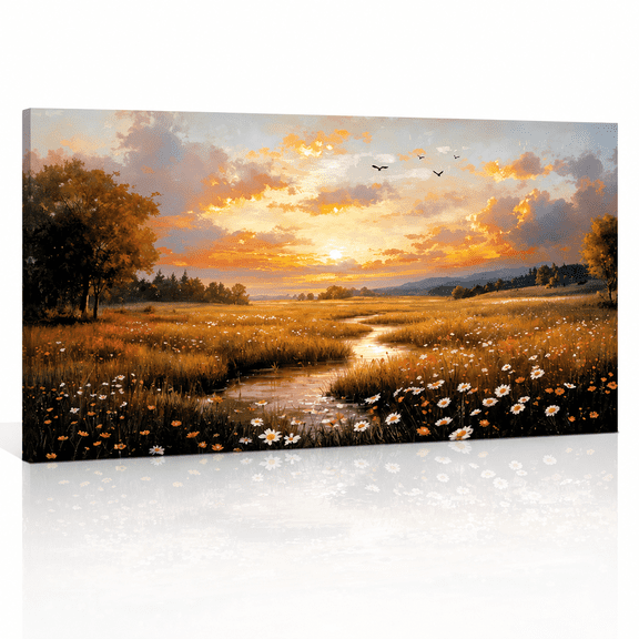 24''x48'' Boho Nature Landscape Canvas Wall Art, Rustic Sunset River Painting with Wildflowers, Vintage Farmhouse Decor for Living Room Bedroom Office