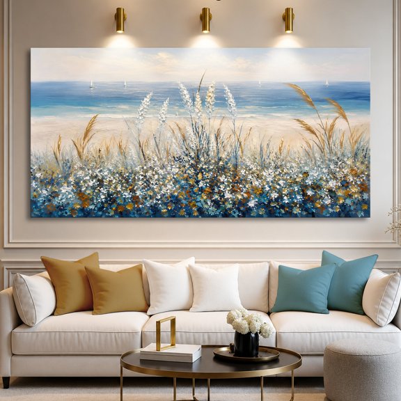 24''x48'' Seaside Wildflower Harmony Canvas Wall Art, Coastal Landscape with Blue and Beige Tones, Coastal Style for Living Room