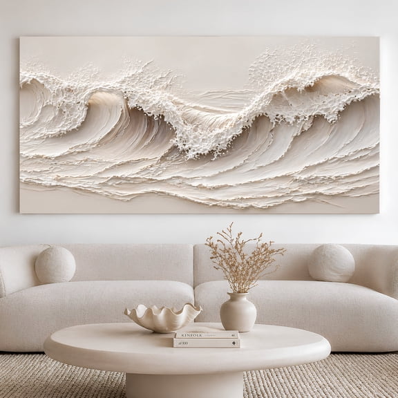 24''x48'' White Coastal Wave Canvas Wall Art, Textured Ocean Painting, Modern Coastal Decor