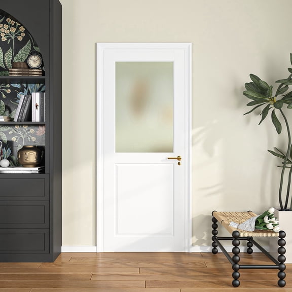 24"x80" 1-Panel 1-Lite Frosted Glass Interior Door Slab, for kitchen, Pantry, Laundry, Office , Closet, DIY Paintable Swing Shaker Sliding Pocket Barn w/o Hardware&Frame, White