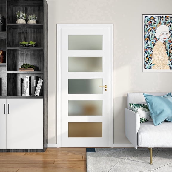 24"x80" 5-Lite Frosted Glass Interior Door Slab, for kitchen, Pantry, Laundry, Office, Closet, DIY Paintable Swing Shaker Sliding Pocket Barn w/o Hardware&Frame, White