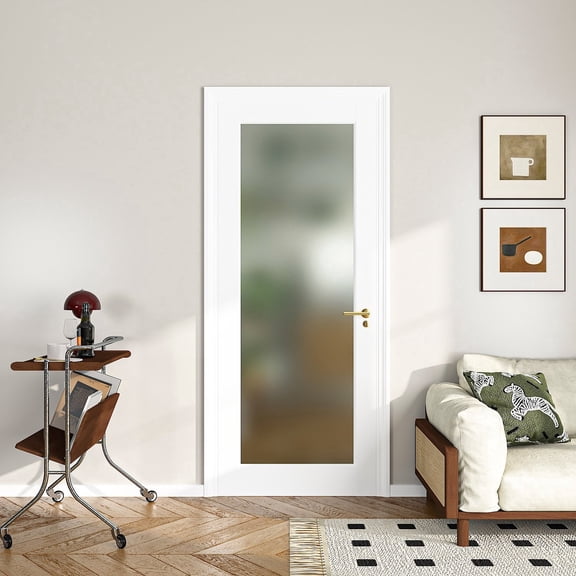 24"x80" Frosted Glass Interior Door Slab, Full-Lite Tempered Privacy White Primed Shaker French Panel for Pantry Laundry Office Closet, DIY Paintable Sliding Pocket Barn Bypass w/o Hardware
