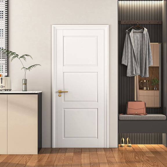 24"x80" Modern White Primed 3-Panel Horizontal Shaker Interior Door Slab, Solid Core Guest Room Studio Apartment Closet Panel
