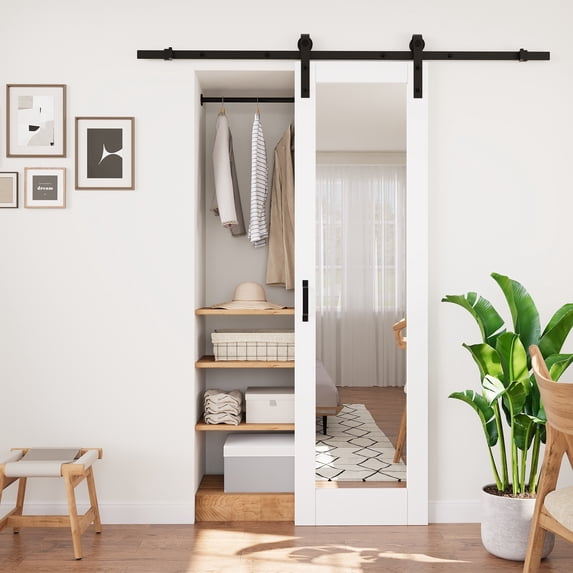 24''x96'' No Assembly Required Door Panel,Mirrored Solid Manufactured Wood Sliding Barn Doors with Hardware Kit