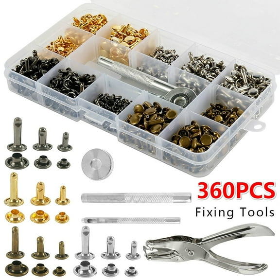 240/360 Pcs/Set Leather Rivets Double Cap Rivet Tubular Metal Studs 2 Sizes with Punch Pliers and 3 Pieces Setting Tool Kit for Leather Craft Repairs Decoration