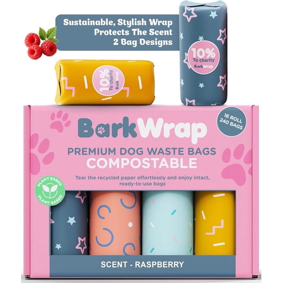 240 Compostable Dog Poop Bags Rolls Raspberry Scented Extra Thick Leak-Proof Dog Waste Bags With Easy Open Design Durable Doggy Bags For Pet Waste Pickup Refill Standard Dispenser 10% To Charity