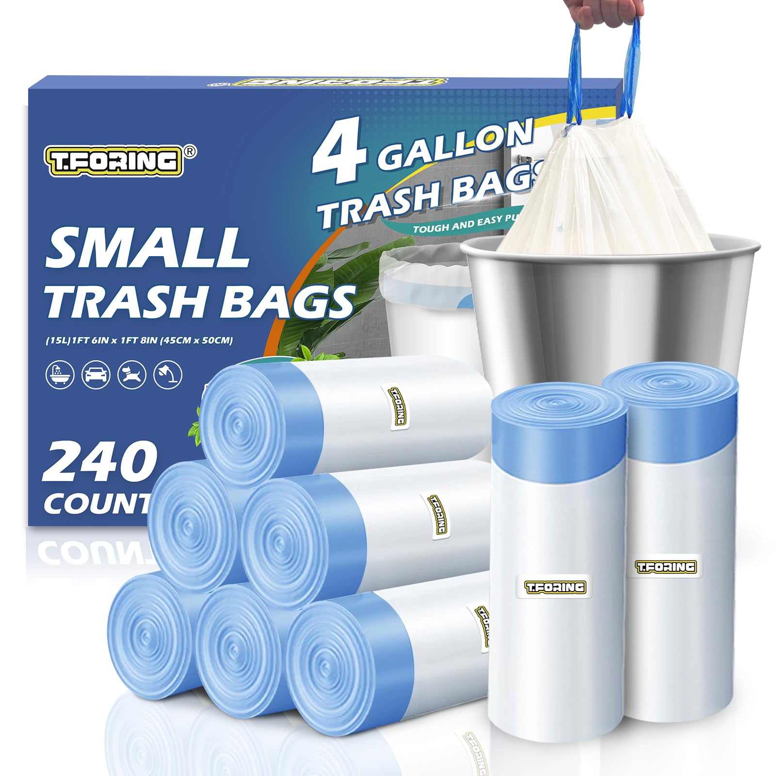 240 Count 4 Gallon TSF6Small Trash Bags Drawstring 1.1 Mil - White Garbage Bags Unscented for Bathroom, 15 Liter Thick Plastic Wastebasket Liners for Toilet Home Office and Bedroom