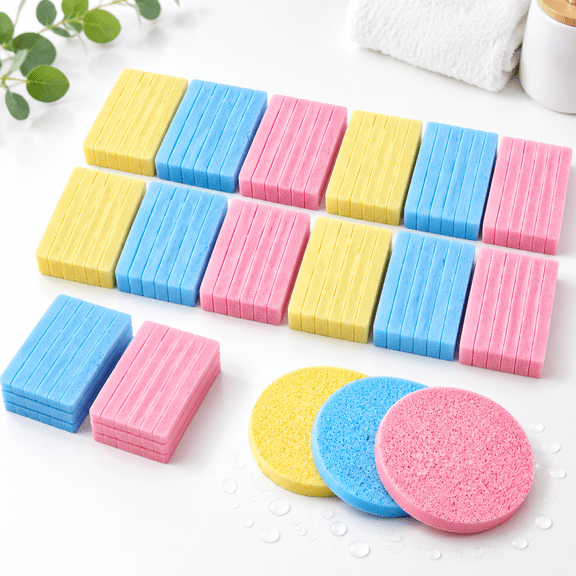 240 Count Compressed Round Facial Sponges, Yellow Pink Blue, Makeup Removal & Cleansing