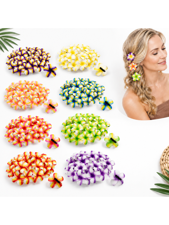 240 Count Stripe 2 Inch Plumeria Foam Hair Clips for Women, Hawaiian Tropical Bridal Wedding Party Accessories