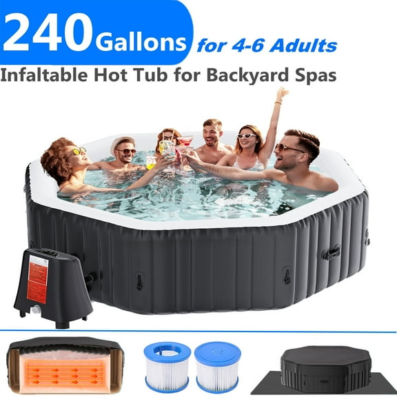 240 Gallon Inflatable Hot Tub 6 Person Polygon with Control Panel, Portable Outdoor AirJet Hot Tub Spa with 130 Bubble Jets, Filter, Insulated Tub Cover and Floor Protector, Temperature up to 104°F