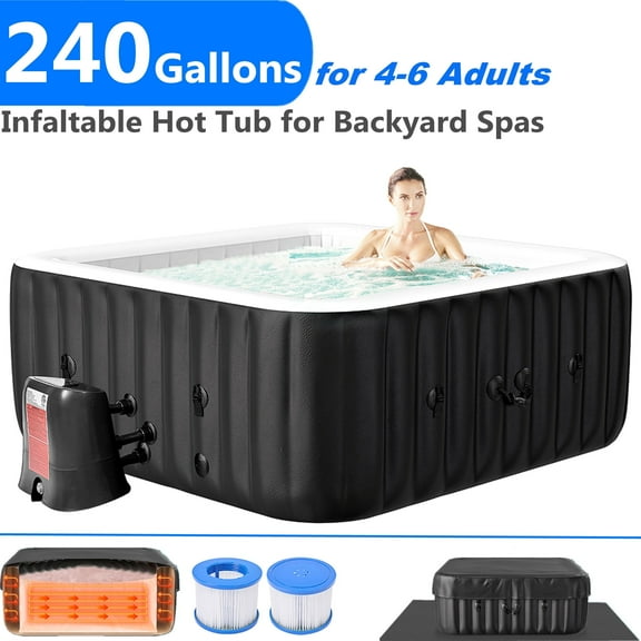 240 Gallon Inflatable Hot Tub 6 Person Square with Control Panel, Portable Outdoor AirJet Hot Tub Spa with 130 Bubble Jets, Filter, Insulated Tub Cover and Floor Protector, Temperature up to 104°F