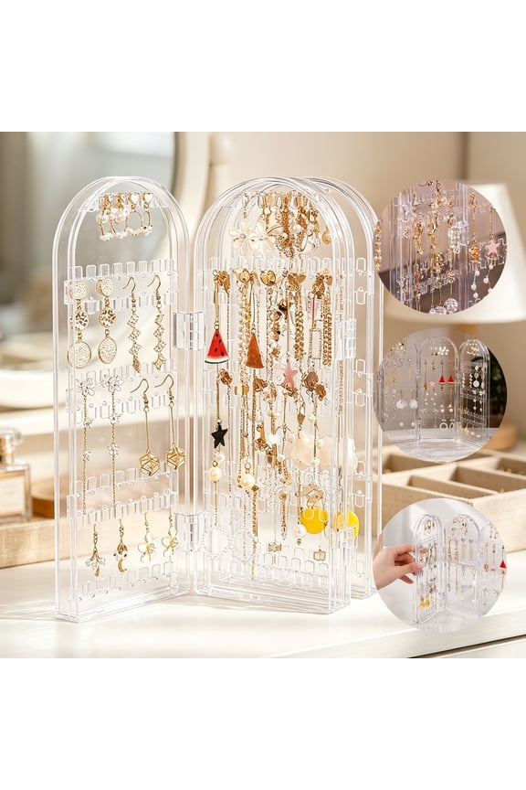 240 Holes Acrylic Earring Holder, Double Sided Foldable Jewelry Organizer Display Stand with 4 Clear Panels, Earring Storage Rack for Studs Hoops Rings Necklaces and Bracelets