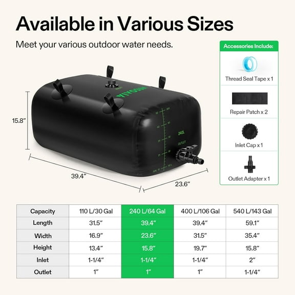240 L Foldable Water Bladder for RV, Camping, Garden, Agriculture & Firefighting